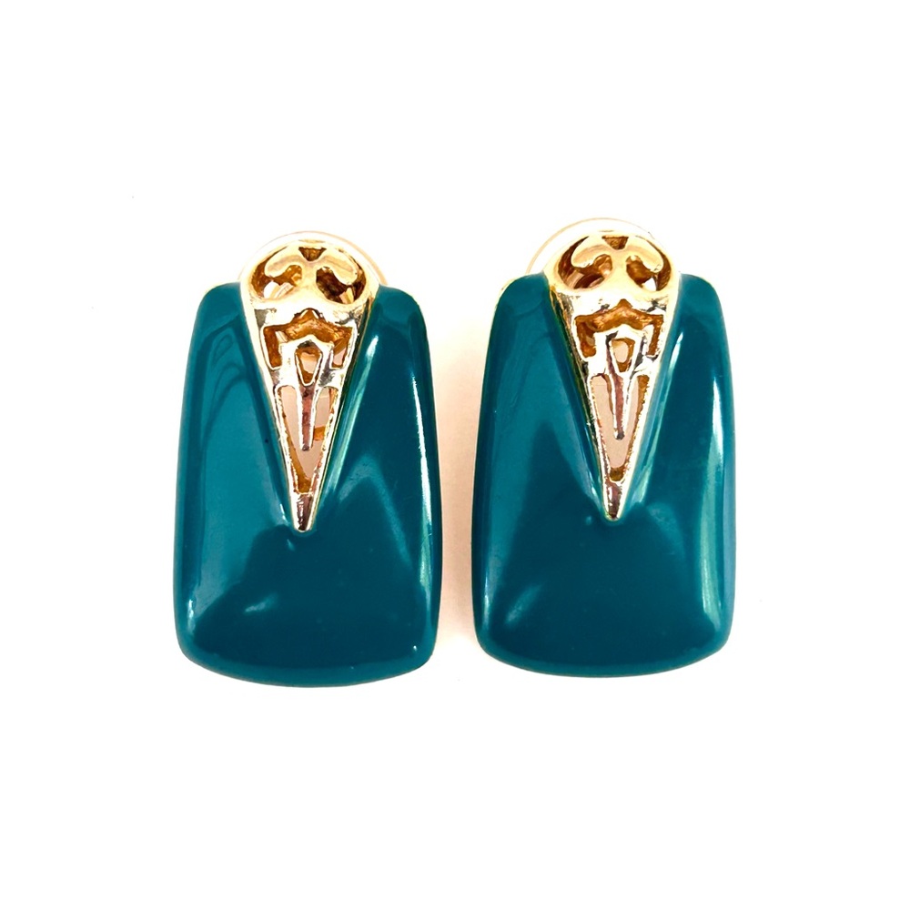 Vintage Elegant Teal Enamelled Gold Tone Pierced Earrings